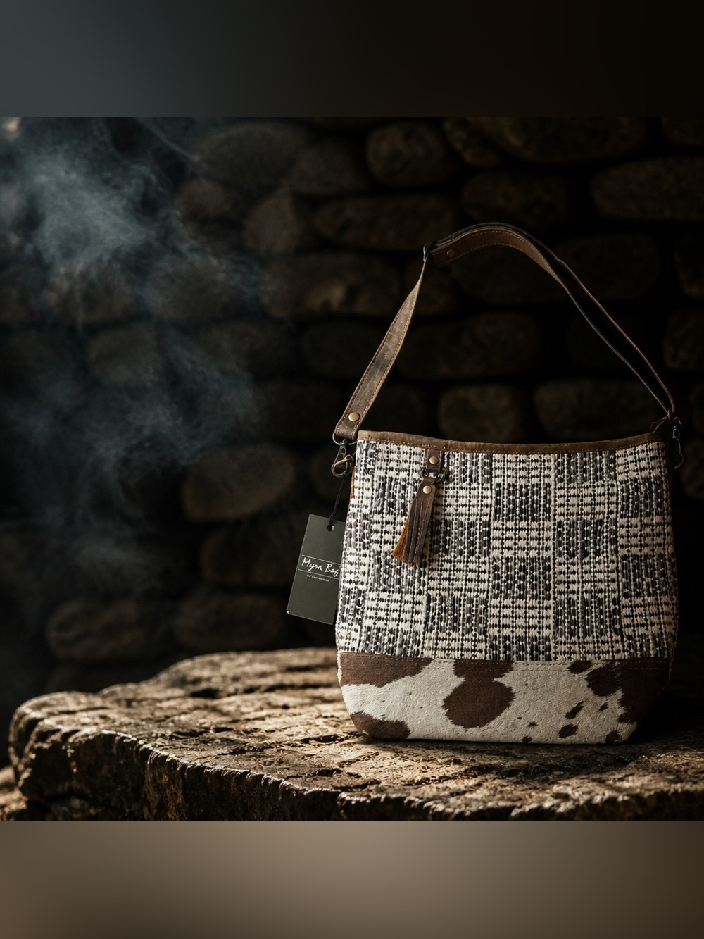 Myra Bag Tweed & Cowhide Shoulder Bag in Black, White & Brown